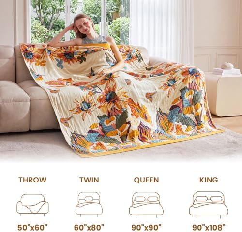 MSGKV Boho Throw Blanket 80"x90" 100% Cotton Muslin Floral Blanket for Bed