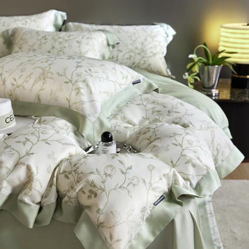 Lyocell Duvet Cover Set Queen with Green Floral Pattern,Silk-Like Smooth & Cool Comforter Cover Set with Corner Ties-Queen,Mint Green