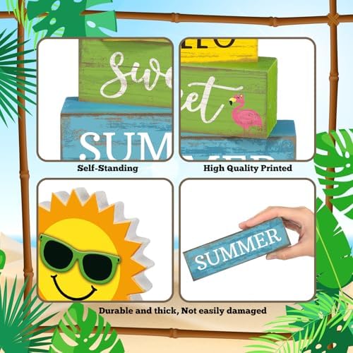 Yuntau 4 Pcs Summer Tiered Tray Decor Hello Sweet Summer Wood Block Signs