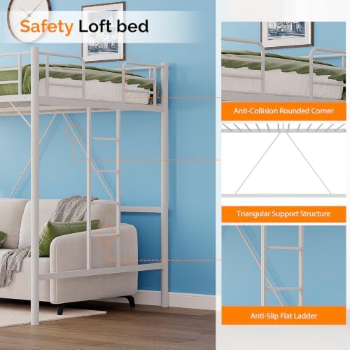 VINGLI Loft Bed Full Size with Flat Rungs for Adults, Kids and Young Teens, No Box Spring Required,Heavy Duty Metal Slat Support,White