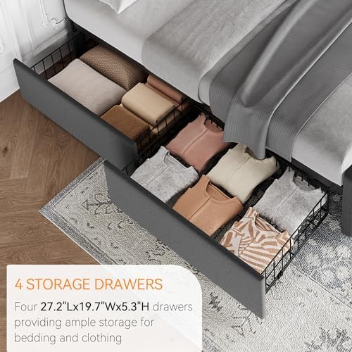 IDEALHOUSE Full Bed Frame with 4 Storage Drawers and Headboard, Dark Grey