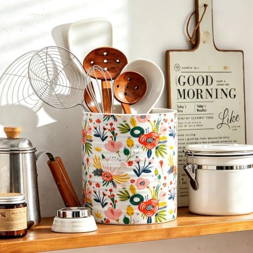 Kitchen Utensil Holder,7.2-inch Extra Large Ceramic Garden Floral Pattern Utensil Crock,Cooking Utensil Organizer for Kitchen Counter Decor,Storage Caddy Farmhouse Gift Mint Flowers