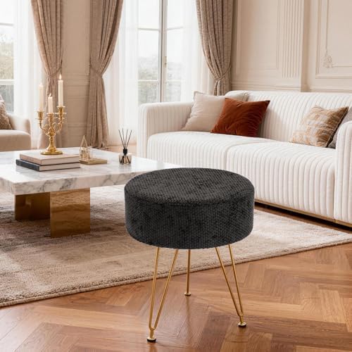 DUMOS Vanity Chair, Vanity Stool, Round Ottoman Foot Rest, Black