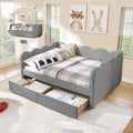 Full Size Daybed with Storage Drawers, Linen Gingham Daybed with USB Ports & Wave Shaped, Upholstered Day Bed Frame, Modern Sofa Bed for Living Room/Bedroom/Guest Room, No Box Spring Needed, Black