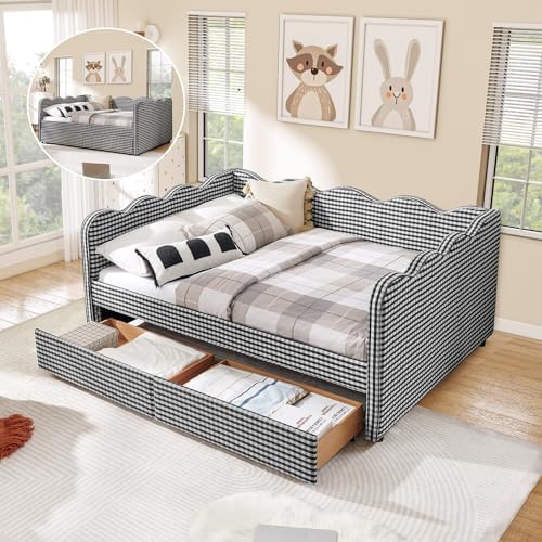 Full Size Daybed with Storage Drawers, Linen Gingham Daybed with USB Ports & Wave Shaped, Upholstered Day Bed Frame, Modern Sofa Bed for Living Room/Bedroom/Guest Room, No Box Spring Needed, Black