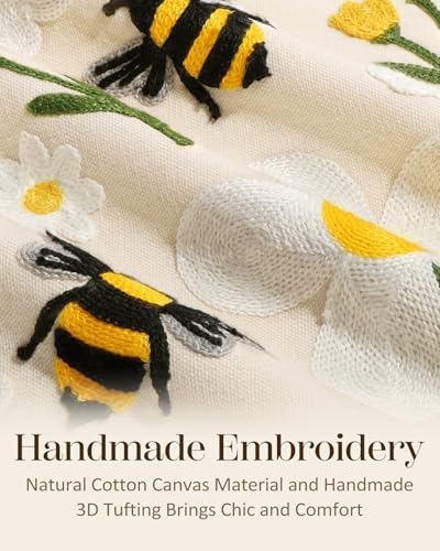 Embroidered Throw Pillow Cover 18x18 Inch, Flower Bee