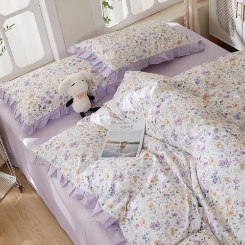 LifeTB Purple Flower Duvet Cover Set Twin XL, Soft 100% Cotton Romantic Ruffle Lace Bedding Set, Vintage Aesthetic Floral Comforter Cover, Cottagecore Flower Botanical Duvet Cover with Zipper Closure