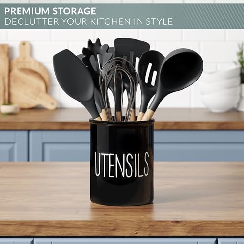 Barnyard Designs Ceramic Farmhouse Kitchen Utensil Holder 7" (Black)