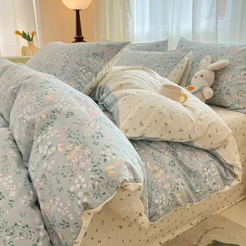 Blue Floral Queen Size Duvet Cover Set 3 Pcs,Cottagecore 100% Cotton Bedding Set for Women,All Season Soft Breathable Queen Comforter Covers with 2 Pillowcases 90"×90"
