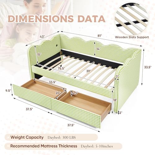 Twin Size Daybed with Storage Drawers, Linen Gingham Daybed with USB Ports & Wave Shaped, Upholstered Day Bed Frame, Modern Sofa Bed for Living Room/Bedroom/Guest Room, No Box Spring Needed, Green