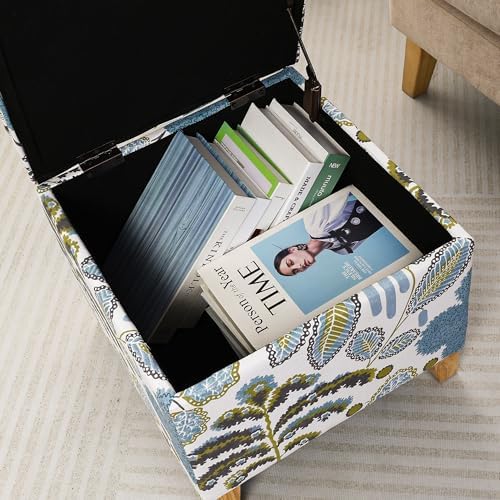 Adeco 18 Inch Linen Storage Ottoman Cube, Upholstered Footstool for Living Room & Bedroom, Vanity Stool with Safety Hinge Lid & Solid Wood Legs, 2-Min Assembly, Blue Leaves
