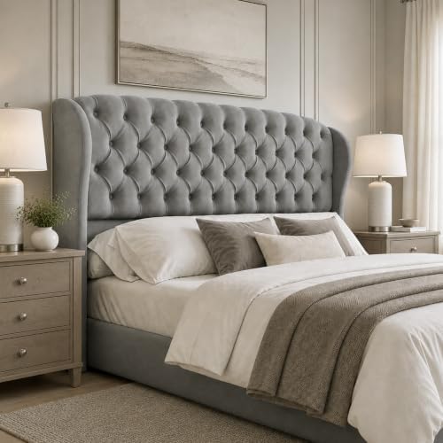 AMERLIFE Full/Queen Headboard Only, Velvet Curved Wingback, Grey