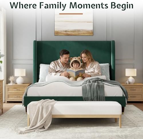 Jocisland Full Size Bed Frame Tall Wingback Headboard Upholstered, Green