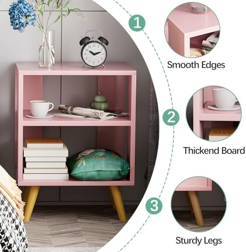 Aenuert Night Stand, Pink Kids Nightstand, Modern End Table with Open Storage, 2-Tier Nursery Bedside Table for Small Space, Living Room, Bedroom