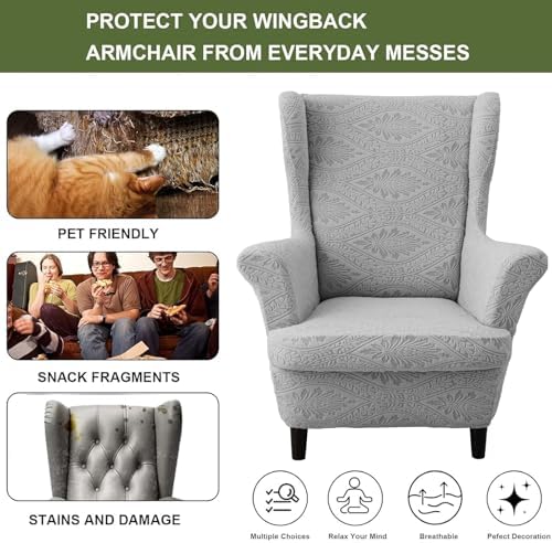 HAOYONG 2 Piece Wingback Chair Covers Stretch Wing Chair Slipcover Jacquard Wing Back Chair Covers with Arms Washable Armchair Cover Protection Furniture for Living Room and Bedroom (Light Gray)