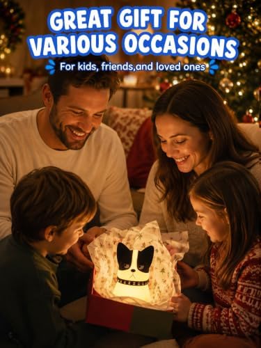 Ammonite Cute French Bulldog Night Light, Dog Gifts for Kids, Dimmable Silicone Nursery Nightlight, Rechargeable LED Lamp with RGB Color & Tap Control, Bedroom Decor for Baby Girls Women