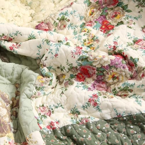 vctops 100% Cotton Quilted Throw Blanket 50x60 Inch Floral Patchwork Reversible All Season Throw (Green B,50"x60")