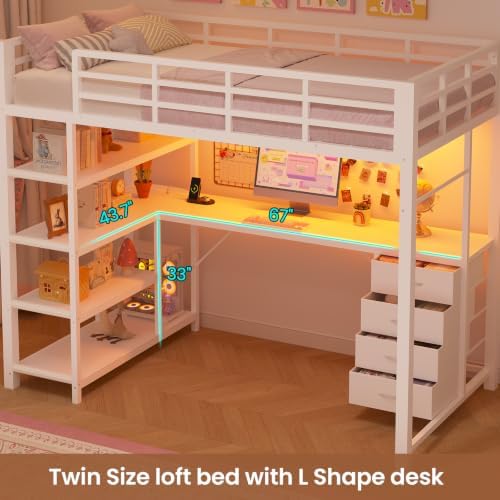 Loft Bed Full Size with L Shape Desk,4 Drawers,3-Tier Storage Shelves Metal Loft Bed Frame with Power Outlet and LED Lighted,No Box Spring Needed,Space-Saving,Noise Free (White, Full Size)