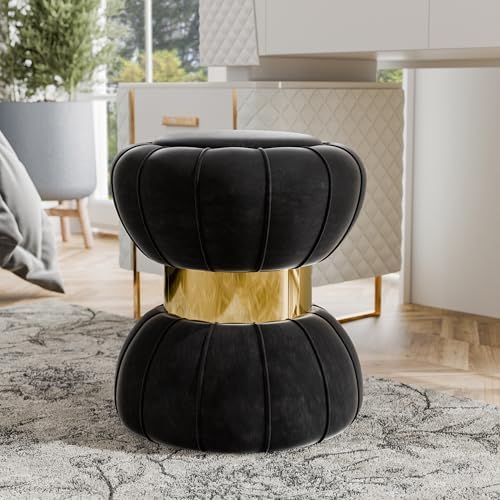Furniture of America Magnus Modern 17-inch Upholstered Ottoman with Hourglass Shape and Stainless Steel Gold Trim, Vanity Stool Chair, Small Foot Stool for Bedroom, Living Room, Entryway, Black