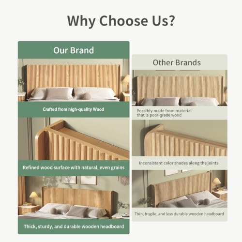Queen Size Headboard Only, 65" Boho Wood Headboard Modern Fluted with Charging Stations & LED Lights, Wall-Mounted Bed Headboards for Bedroom, Natural