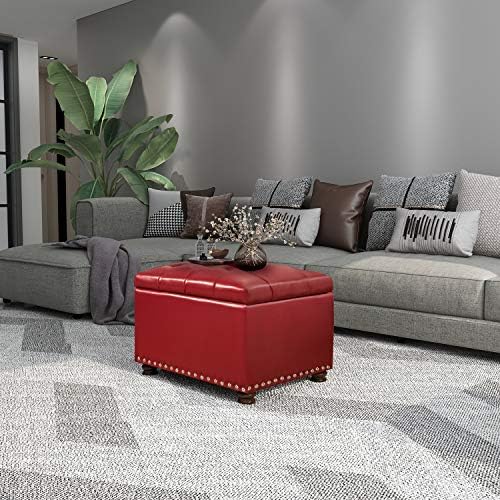 Adeco High End Red Classy Bonded PU-Leather Tufted Accents Rectangular Storage Bench Ottoman Footstool,