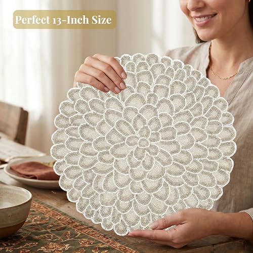 ALPHA Living HOME Beaded Placemats 13 Inch Ivory White Handmade Table Mats