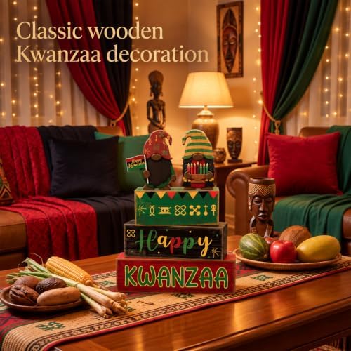 Yuntau 4 Pcs Happy Kwanzaa Books Table Decor Black Gnome Stacked Signs