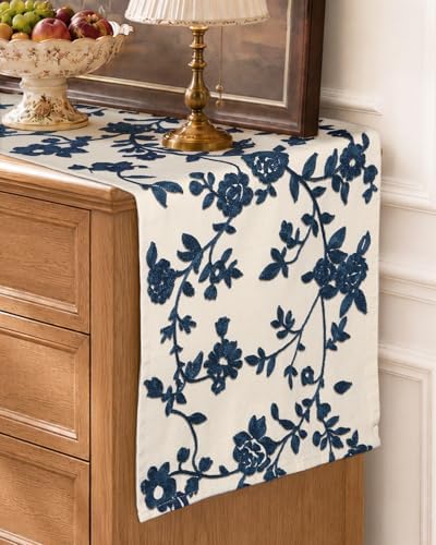 Miss Adola Embroidered Canvas Table Runner 13"x72", Blue and White