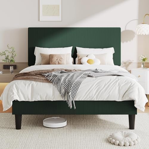 Allewie Queen Bed Frame, Corduroy Tufted Headboard, Dark Green