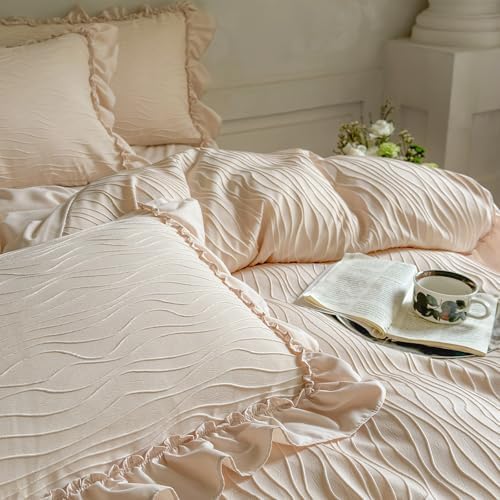Vintage Ruffled Duvet Cover Twin XL Size - 3Pcs Khaki Wavy Jacquard Bedding