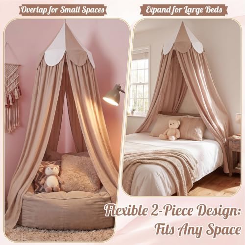 Bed Canopy with Scalloped Edge, 2 Panel Striped, Khaki