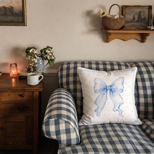 Blue Bow Pillow Cover 18x18, Dorm Decor for College Girls