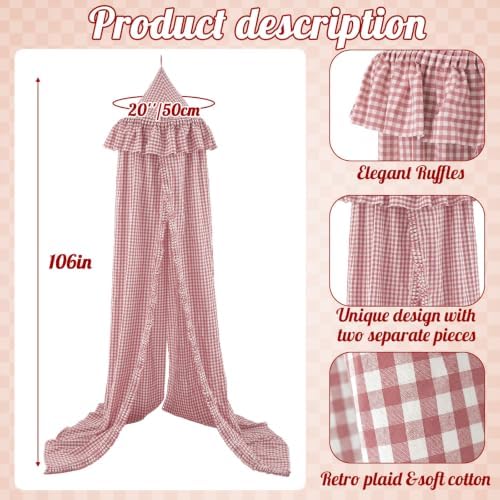 SmoothNovelty Gingham Plaid Bed Canopy, Pink White, Round