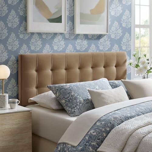 Modway Lily Performance Velvet Full Size Headboard with Biscuit Tufting in Taupe - Stain-Resistant Upholstery with Padded Design and 5 Height-Adjustable Mounts