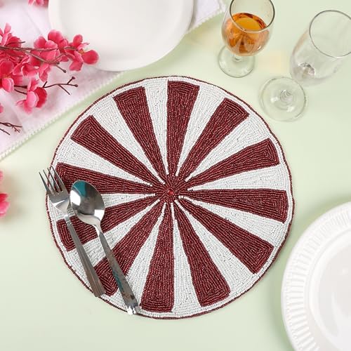 Round Beaded Placemats Set of 2 13 Inch White Red Handmade Glass Chargers
