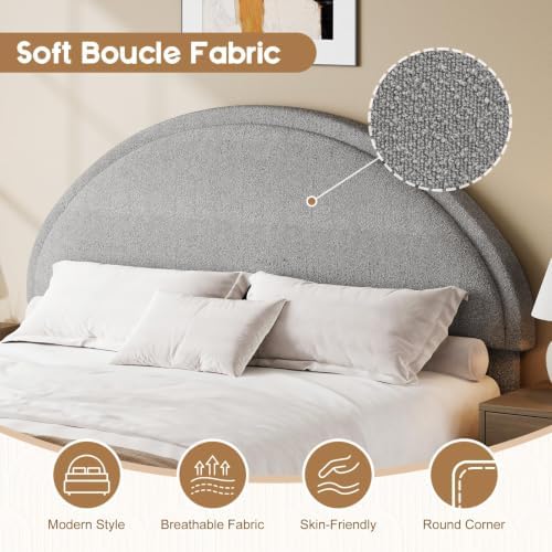 REVOMINCA Queen Bed Frame, Upholstered Platform Bed with Headboard, Boucle Bed Frame with Round Corner, No Box Spring Required, Easy Assembly, Grey