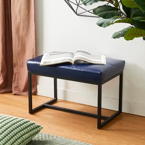 Glitzhome Ottoman Bench, Modern PU Leather Vanity Stools Chairs with Metal Frame, Makeup Stool Padded Foot Rest Stool for Living Room Vanity, Entryway, Bathroom,Navy Blue