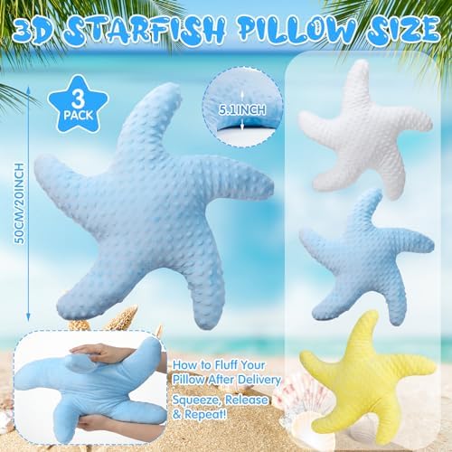 Fumete Starfish Pillow Beach Starfish Shaped Throw Pillows 20'' Stuffed Animal Cute Plush Coastal Decor Ocean Star Pillow Plush Cushion for Bedroom Living Room Sofa Couch(White Yellow Blue,3 Pcs)