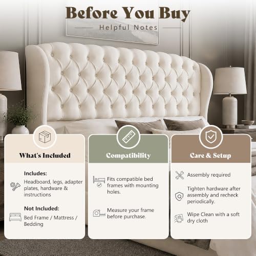 AMERLIFE Full/Queen Headboard Only, Velvet Curved Wingback, White
