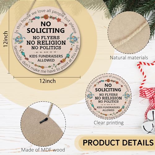 PHAMTE Funny No Soliciting Round Wreath Sign, Farmhouse Wall Hanging Plaque Wood Sign, No Flyers Religion Politics Funny Decor Decorations for Wall Pediments Door Porch Room 12 Inch