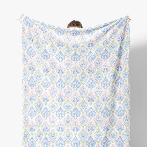 Pink and Blue Floral Blanket, Pastel Grandmillennial Flower Decorative Throw Blanket for Couch Bed Sofa, Grand Millenial Flower Throw Blankets for Living Room Bedroom Decor, 50x60 Inches