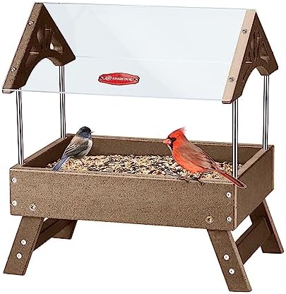 Kingsyard Covered Platform Ground Bird Feeder for Outdoors, Brown