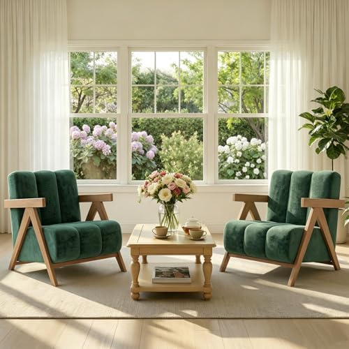 Modern Accent Chair Set of 2 for Living Room Bedroom,Comfy Chenille Reading Chair with Wood Frame,Upholstered Lounge Armchair with Thick High-Elastic Sponge for Apartment & Waiting Room(Green,2)