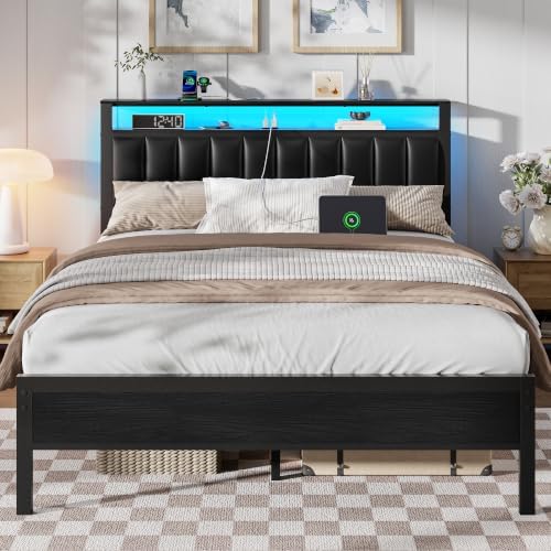 Furnulem Black Queen Bed Frame with PU Upholstered Headboard & LED Lights