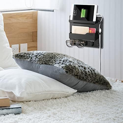 YONGAIJIA Bedside Shelf Wall Mount with Hooks, Cable Clips, No-Drill, Black