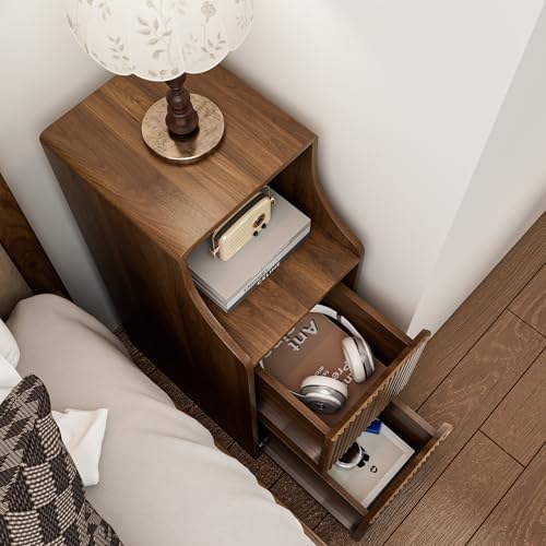 Fluted Narrow Nightstand Set of 2, Mid Century Modern Small Bedside Table with 2 Drawers, Wooden Skinny Vintage Side Table, Night Stand, Slim End Table for Bedroom, Walnut, Brown
