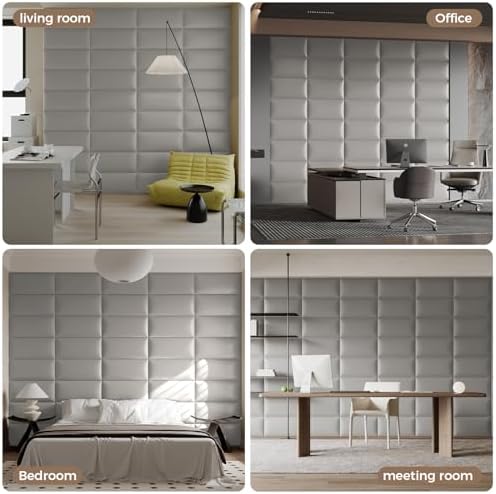 Wall-Mounted Upholstered Headboard Panels, Light Gray, 24x12 Inches, Pack of 12 – DIY Faux Leather Soundproof Padding for King, Queen, or Full Beds, Modern Accent Wall Panels