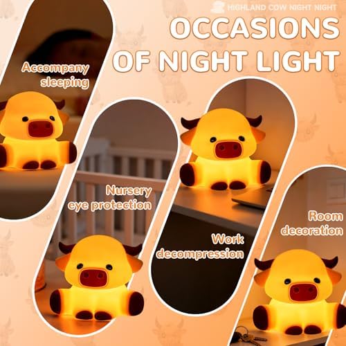 Highland Cow Night Light, Kids Rechargeable LED Lamp with Timer