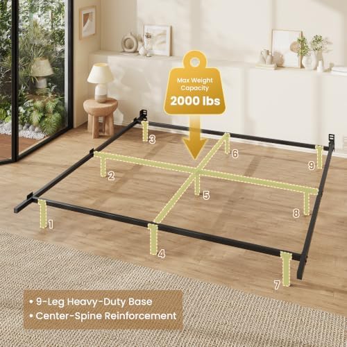 SHA CERLIN 7 Inch Metal Bed Frame, 9-Leg Box Spring Base, Black, King