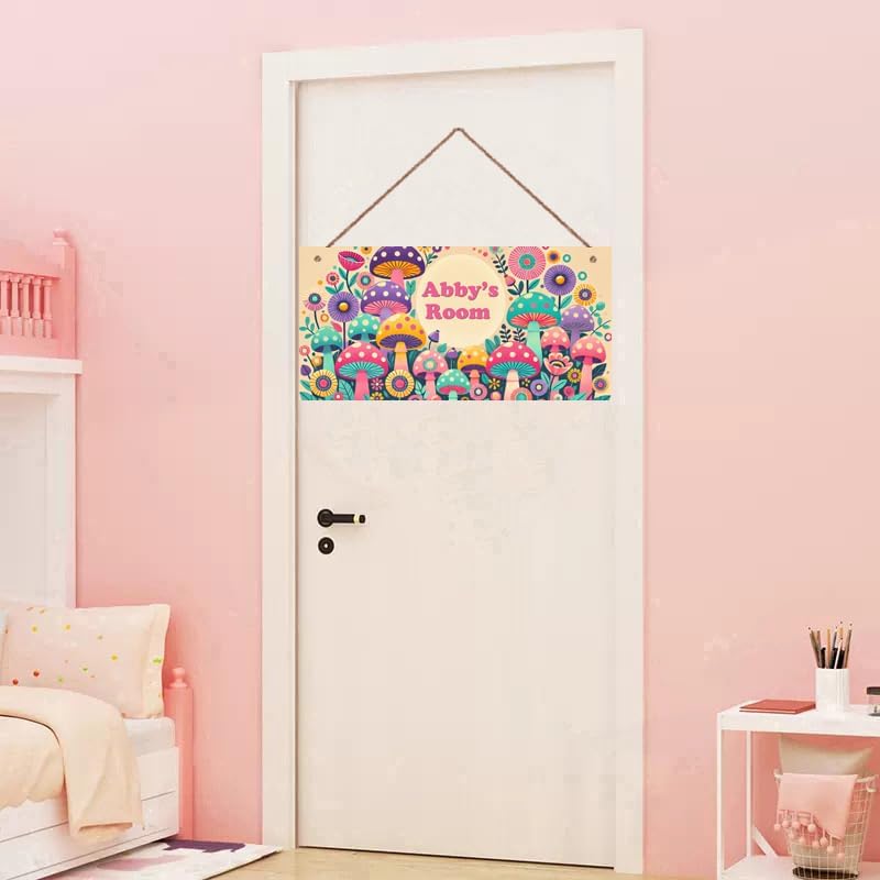 Personalized Name Wood Plaque Sign Mushroom Floral Rustic Door Sign Kids Room Nursery Wall Art Decor Customizable Plate for Son Daughter Baby Toddler Bedroom